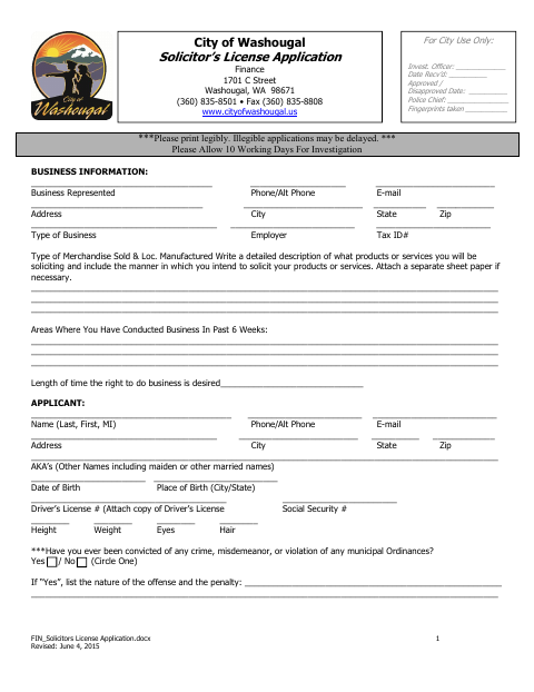 First page of the Solicitors License Application