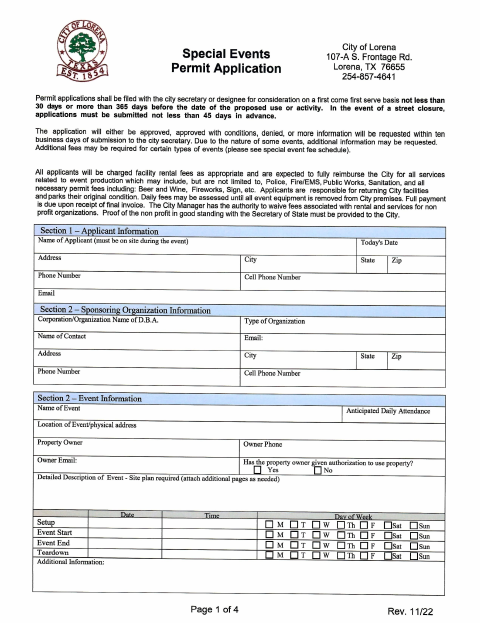 First page of the Special Events Application