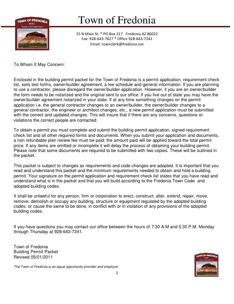 First page of the Building Permit Packet and Owner/Builder Agreement