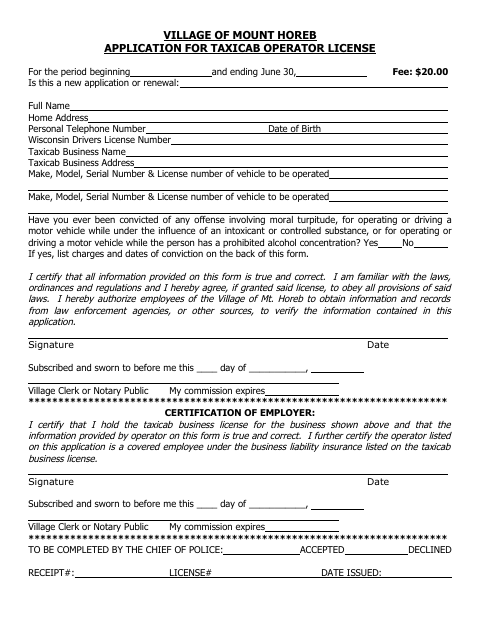 First page of the Taxicab Operator License Application