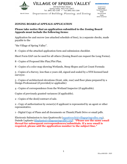 First page of the Zoning Board of Appeals Application