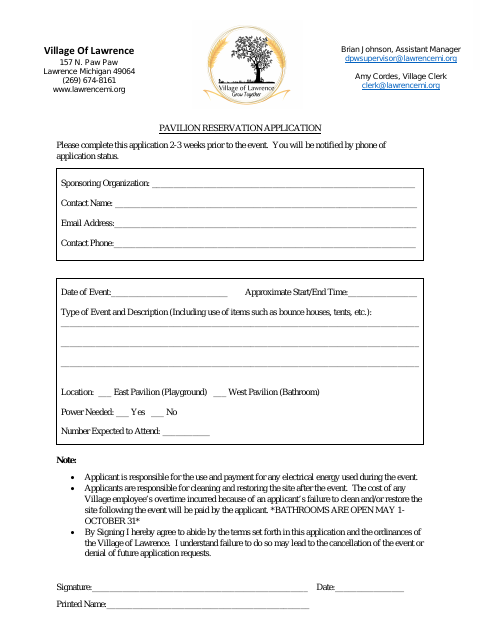 First page of the Pavilion Reservation Application