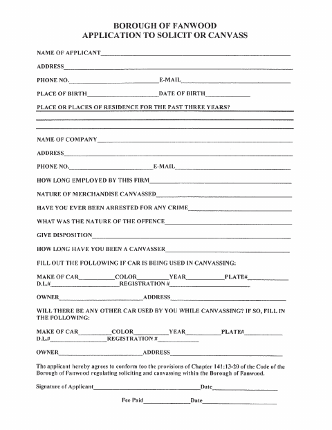 First page of the Canvassing and Soliciting Application