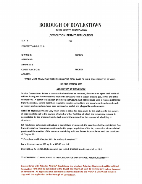 First page of the Demolition Permit Application