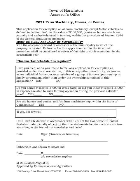 First page of the Farm Machinery, Horses, or Ponies Exemption Application