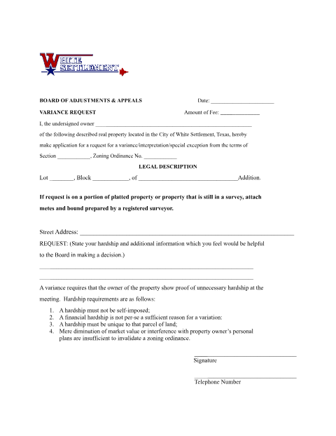 First page of the Board of Adjustment and Appeals Variance Request