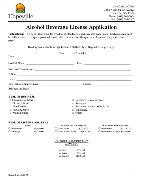 First page of the Alcohol Beverage License Application
