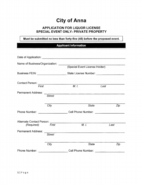 First page of the Private Property Special Event Liquor License Application