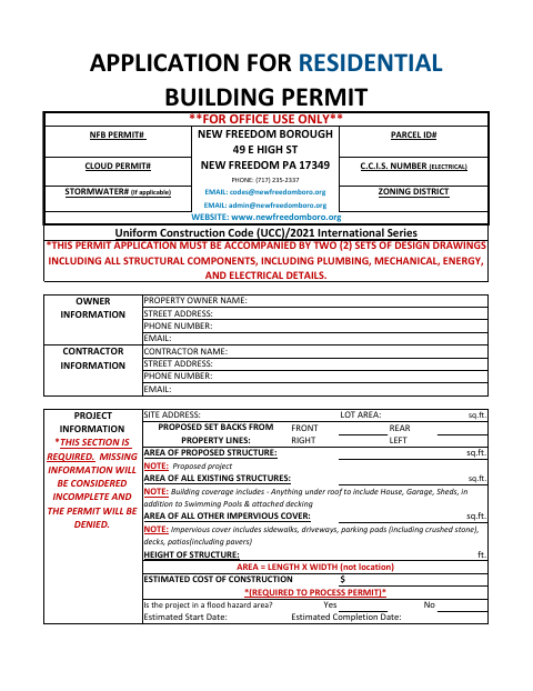 First page of the Residential Building Permit Application