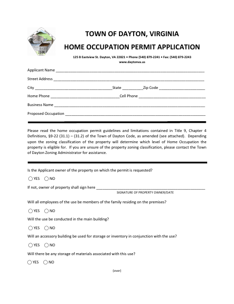 First page of the Home Occupations Permit Application