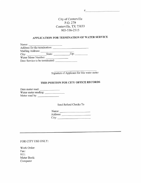 First page of the Application for Termination of Water Service