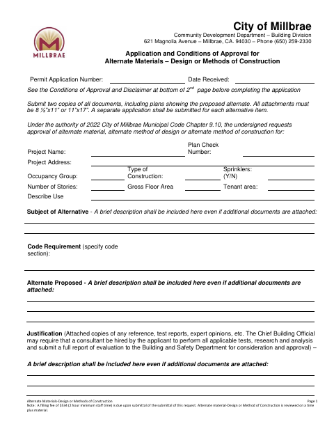 First page of the Application and Conditions of Approval for Alternate Materials – Design or Methods of Construction