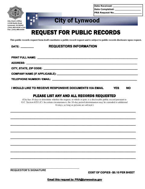 First page of the Request for Public Records