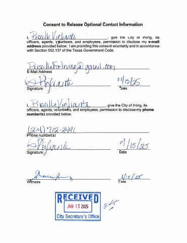 First page of the Consent to Release Optional Contact Information
