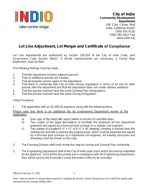 First page of the Lot Line Adjustment, Lot Merger and Certificate of Compliance
