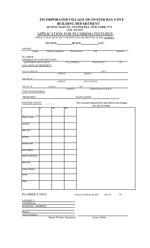 First page of the Application for Plumbing Fixtures