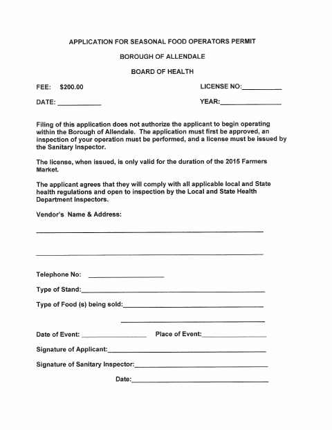 First page of the Seasonal Food Operators Permit Application