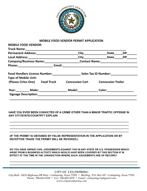 First page of the Mobile Food Vendor Permit Application