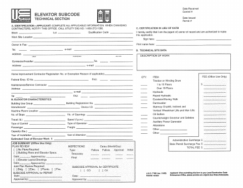 First page of the Elevator Subcode Technical Section – Construction Permit Application