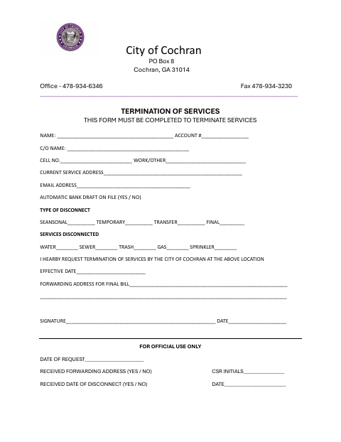 First page of the Termination of Services
