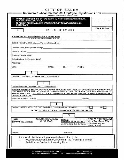 First page of the Contractor Registration Form