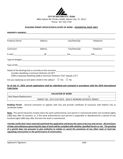 First page of the Residential Roofing Permit