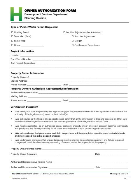 First page of the Owner Authorization Form