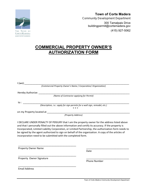 First page of the Commercial Property Owner's Authorization Form