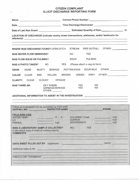 First page of the Illicit Discharge Reporting Form