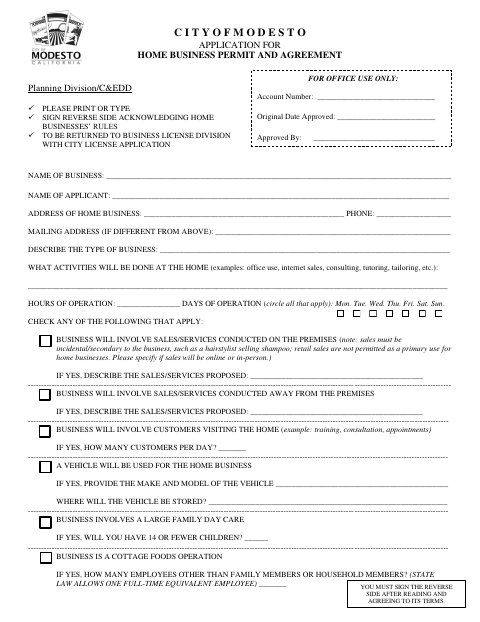 First page of the Application for Home Business Permit and Agreement