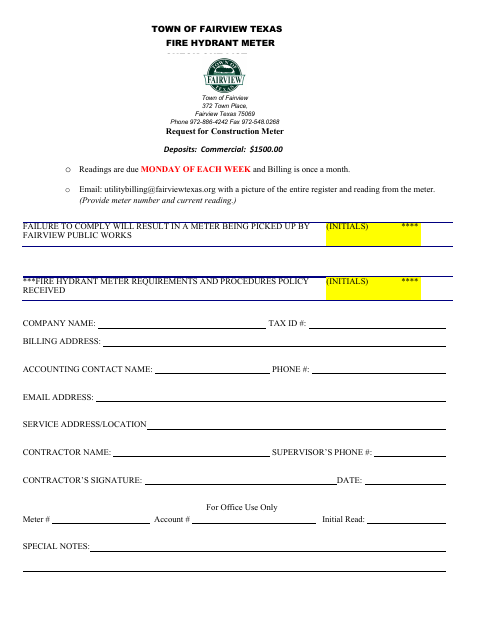 First page of the Fire Hydrant Meter Check Out List