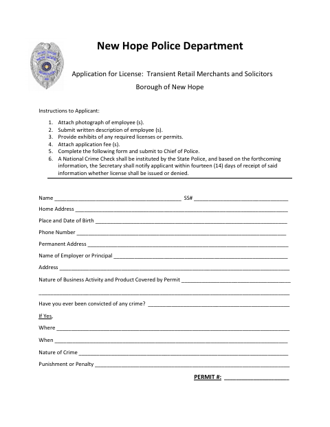 First page of the Application for License: Transient Retail Merchants and Solicitors