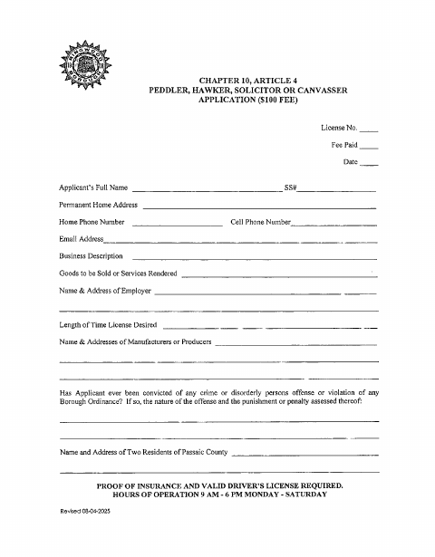 First page of the Peddler, Hawker, Solicitor or Canvasser Application