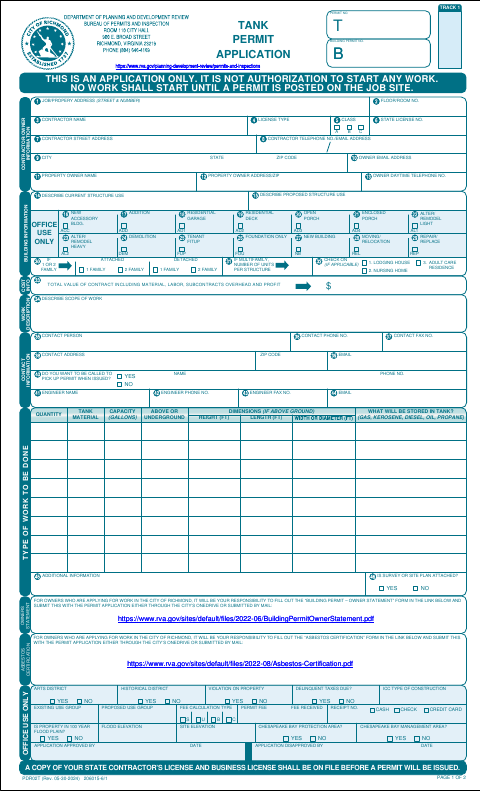 First page of the Tank Permit Application