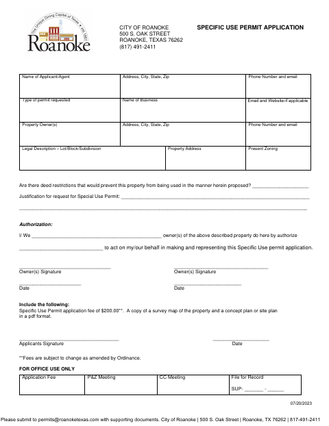 First page of the Specific Use Permit Application