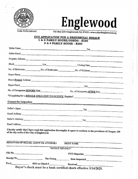 First page of the CCO Application for a Residential Resale