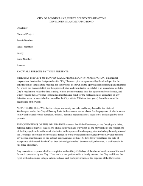 First page of the Developer’s Landscaping Bond