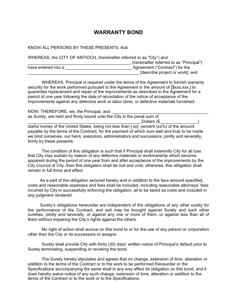 First page of the Warranty Bond