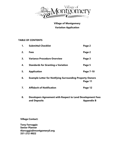 First page of the Zoning Variation Application