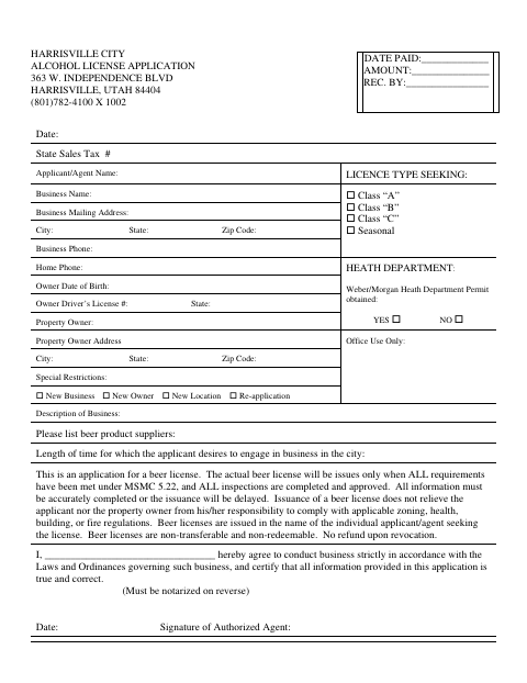 First page of the Alcohol License Application