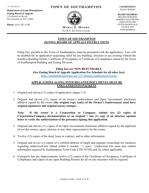 First page of the Zoning Board of Appeals Application