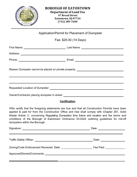 First page of the Application/Permit for Placement of Dumpster