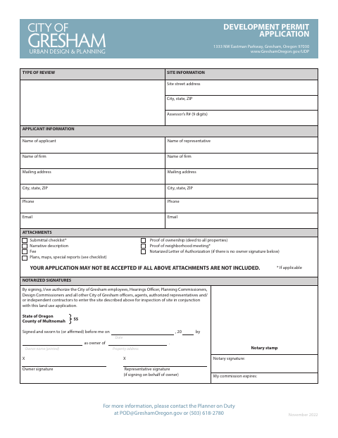 First page of the Development Permit Application