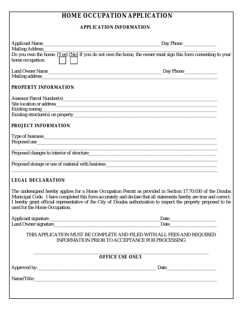 First page of the Home Occupation Application
