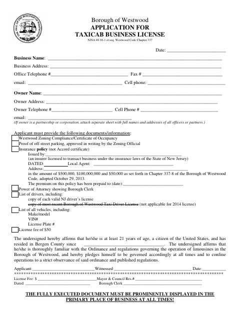 First page of the Application for Taxicab Business License