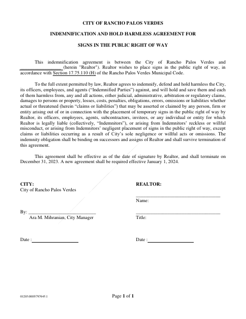 First page of the Indemnification and Hold Harmless Agreement for Signs in the Public Right of Way