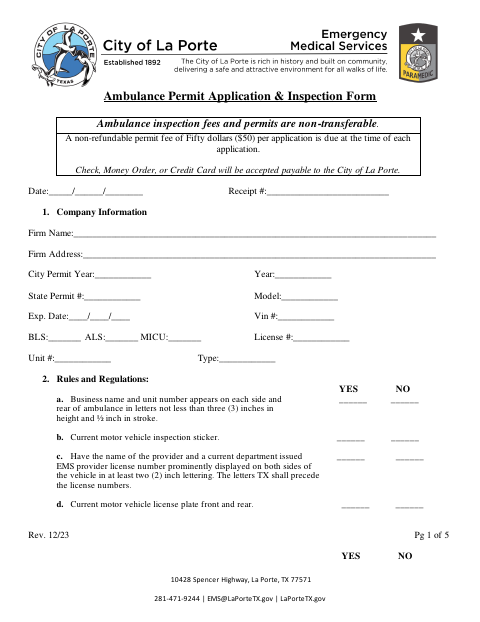 First page of the Ambulance Permit Application & Inspection Form