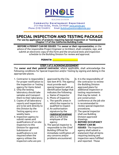 First page of the Special Inspection and Testing Package