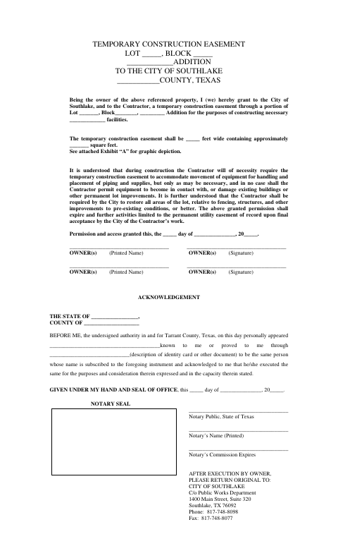 First page of the Temporary Construction Easement Dedication