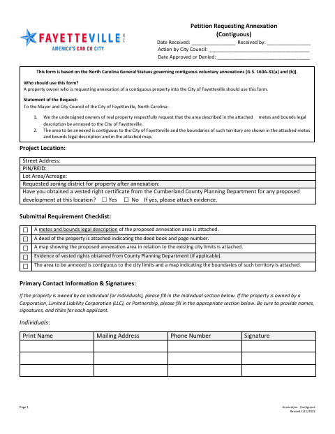 First page of the Petition Requesting Annexation (Contiguous)